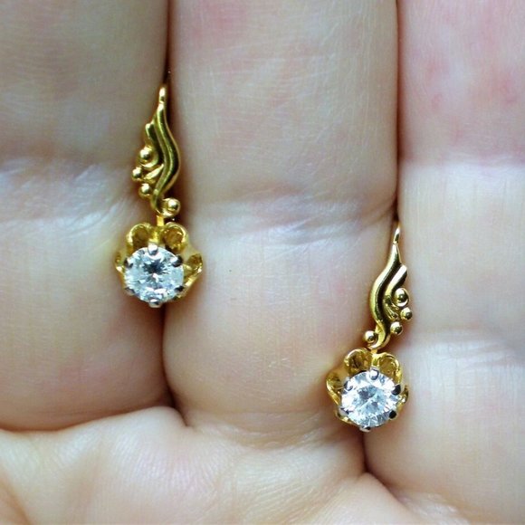 Vintage USSR Solid 14K 583 Yellow Gold Genuine Diamond Buttercup EARRINGS - Picture 8 of 8